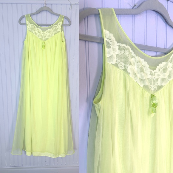 Vintage Sears nightgown layered sheer overlay green chartreuse
